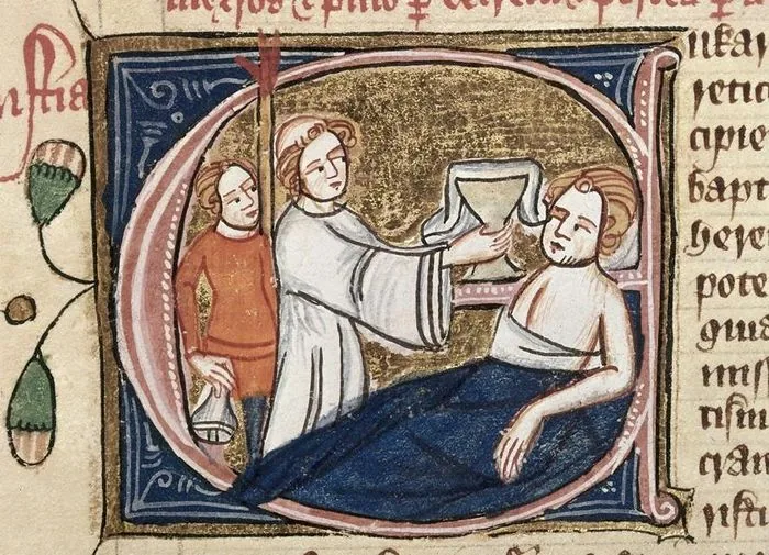 Iluminura medieval: médico examina paciente